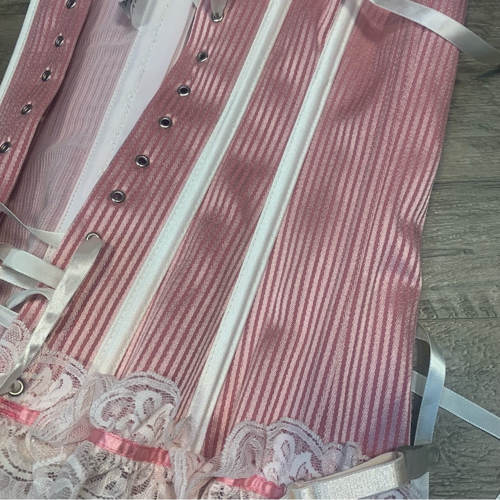 Shirley of Hollywood Striped Satin Lace Boned Corset Coquette Candy - Picture 12 of 12